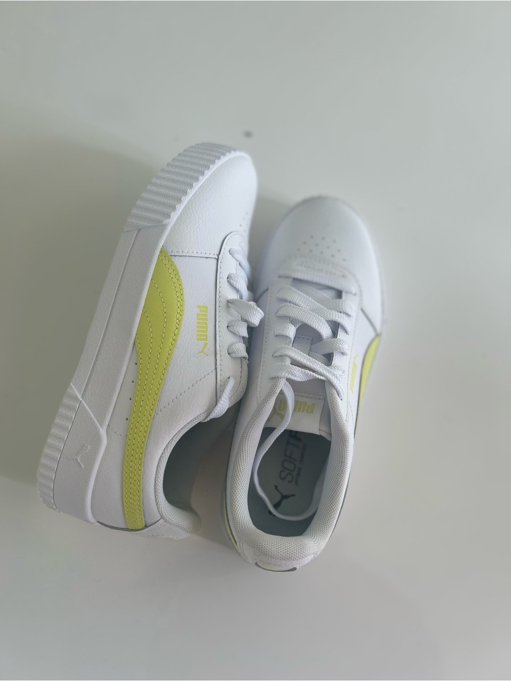 Puma Carina White Sneakers with Neon yellow Stripe